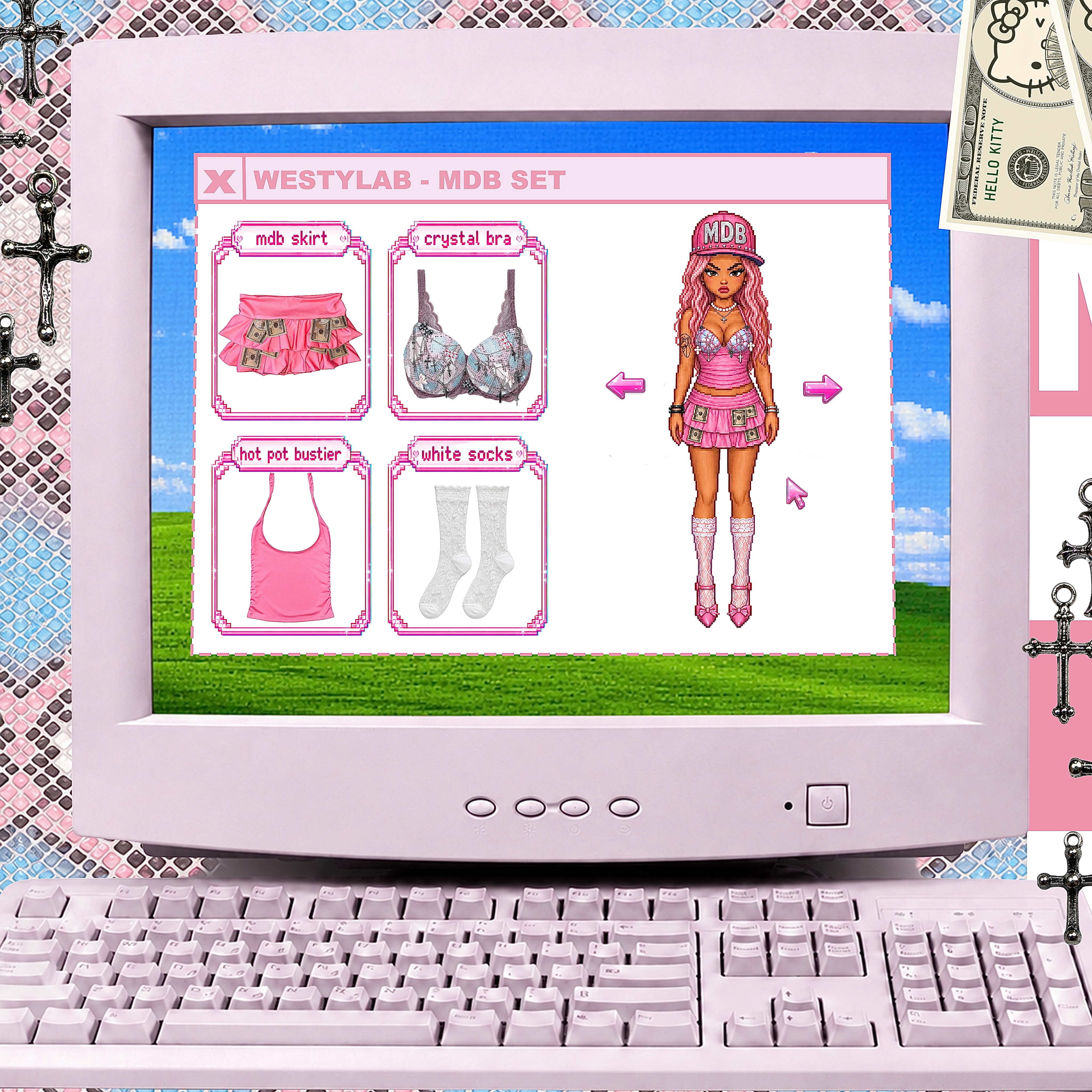 MDB SET × ANNA: grafica WESTYLAB su un monitor, con i capi del set e riferimenti visivi rosa e azzurri